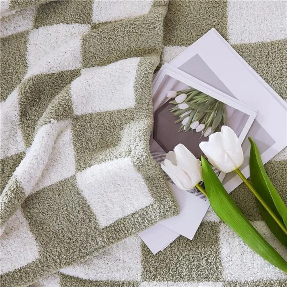 Checkered Throw Blanket, Sage Green Soft Cozy Fluffy Hand Made Throw Blankets